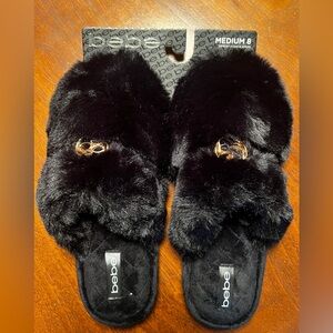 NWT Bebe Black Fuzzy Memory Foam Slippers